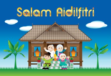 Raya Festivali geleneksel Malay tarzı evlerinde kutlama Müslüman bir aile. Köy sahne ile. Kelime 