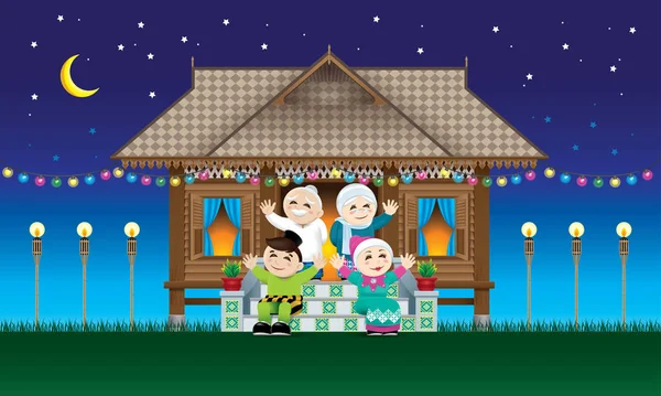 一个穆斯林家庭在他们的传统马来风格的房子庆祝开斋节节日 与村庄场面 — 图库矢量图片