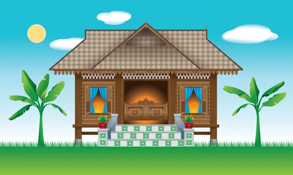 Rumah Desa Bergaya Melayu Kayu Yang Indah Dengan Pemandangan Desa - Stok Vektor