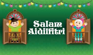 Müslüman erkek ve Malay tarzı penceresi üzerinde duran, Raya Festivali kutlama kız. Kelime 