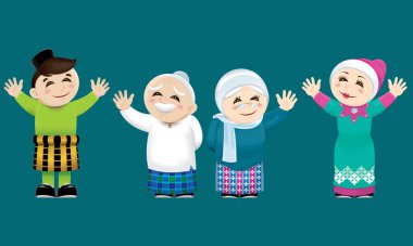A Muslim family waving their hands. With color background. clipart