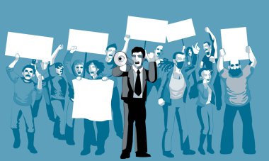 Mega telefonu, afişi ve tabelası olan bir grup protestocu. Katı renk arkaplan. Vektör.