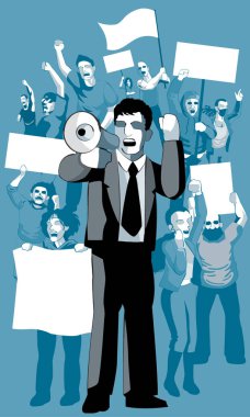 Mega telefonu, afişi ve tabelası olan bir grup protestocu. Katı renk arkaplan. Vektör.