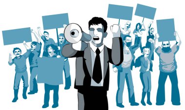 Mega telefonu, afişi ve tabelası olan bir grup protestocu. Katı renk arkaplan. Vektör.