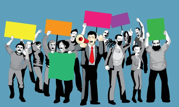 Mega telefonu, afişi ve tabelası olan bir grup protestocu. Katı renk arkaplan. Vektör.