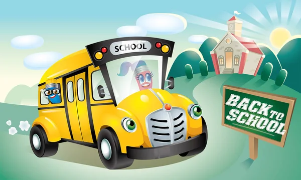 Înapoi Vectorul Şcolii Personaje Drăguțe Desene Animate Autobuz Școlar Peisaj — Vector de stoc