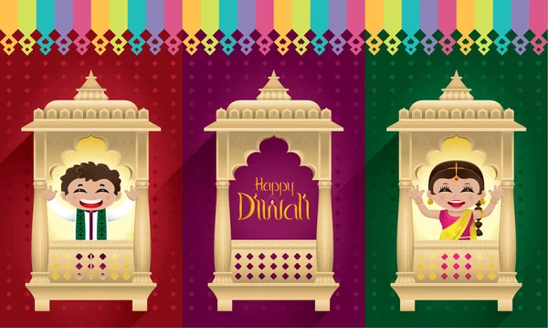 Ragazzo Ragazza Indiani Che Festeggiano Diwali Con Tradizionale Cornice Finestra — Vettoriale Stock