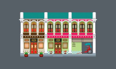 Double storey colorful and historical colonial style shop house. Linked. Signboard's caption: the places where the owner's origin. clipart