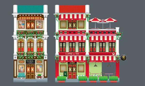 Three storey colorful and historical colonial style shop house. Isolated. Book store and coffee shop.