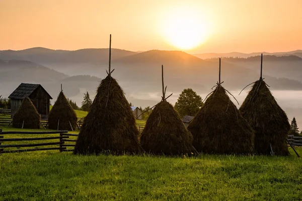 Sisin içinde dolu tepeler üzerinde gündoğumu ile Romanya'da Bucovina bölgesinin büyüleyici kırsal