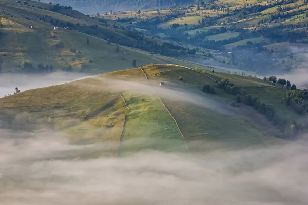 Sunrise Bucovina bölge Rumen kırsalında puslu tepeler üzerinde