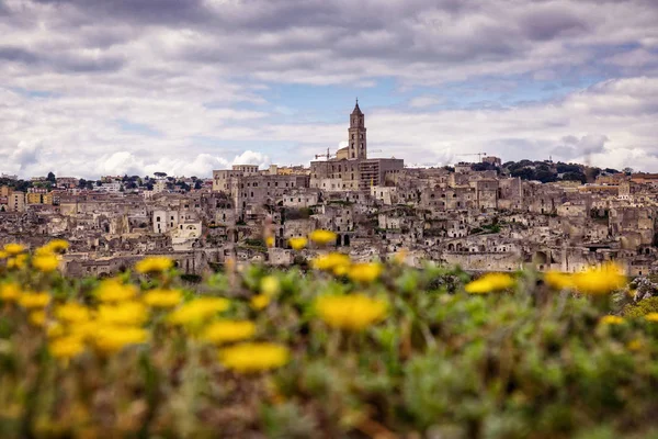 Matera Olaszország Nyári Virágok Előtérben Háttérben Régi Város Panoráma — Stock Fotó