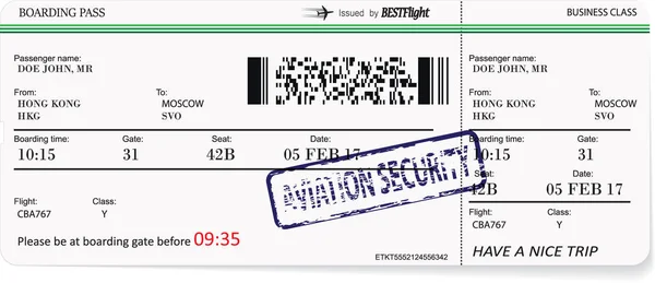 Modèle d'une carte d'embarquement ou d'un billet d'avion — Image vectorielle