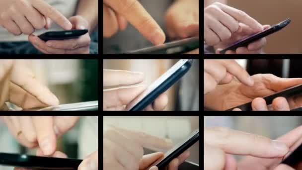 Коллаж ног с мужскими руками с помощью смартфона — стоковое видео