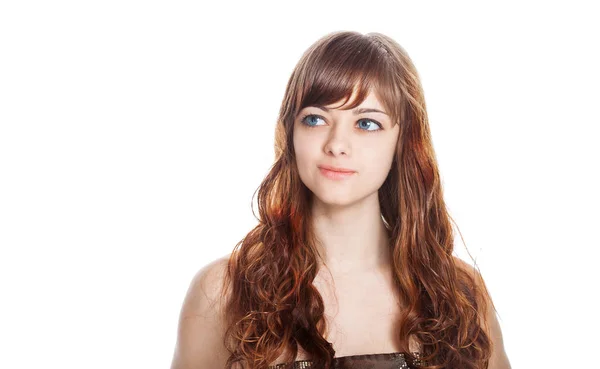 Teenage girl in brown dress. Isolated over white background. — Stock Photo, Image