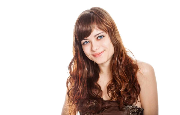 Teenage girl in brown dress. Isolated over white background. — Stock Photo, Image