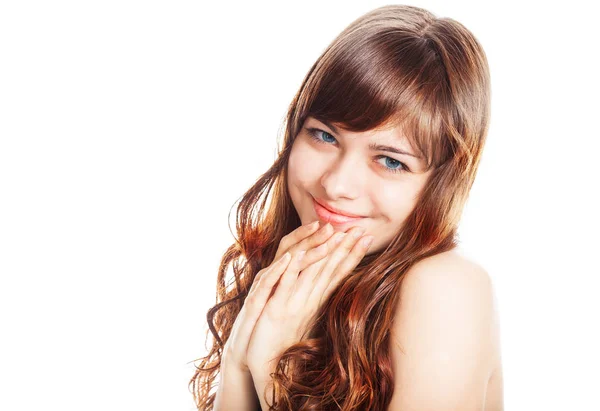 Teenage girl in brown dress. Isolated over white background. — Stock Photo, Image