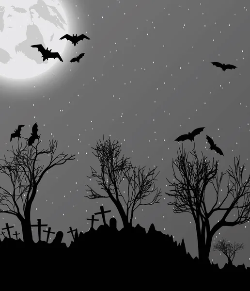 Halloween bakgrund med cemetry, fladdermöss och månen — Stock vektor