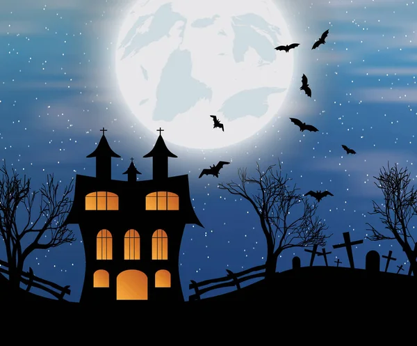 Halloween bakgrund med slott, fladdermöss och månen — Stock vektor