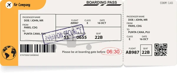 Gula mall av flygbolaget boarding pass — Stock vektor