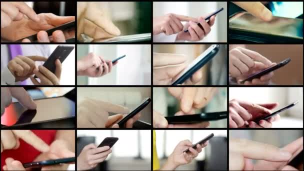 Collage de diferentes personas manos mensajes de texto SMS en los teléfonos inteligentes — Vídeo de stock