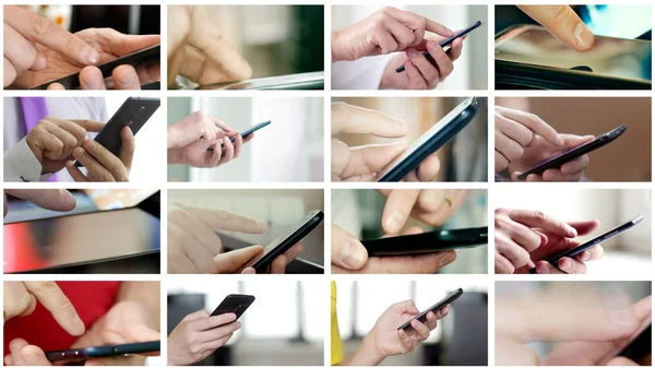 Collage of different people hands texting SMS on smartphones — Stock Photo, Image