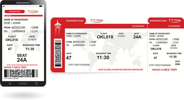 Téléphone portable et carte d'embarquement papier — Image vectorielle