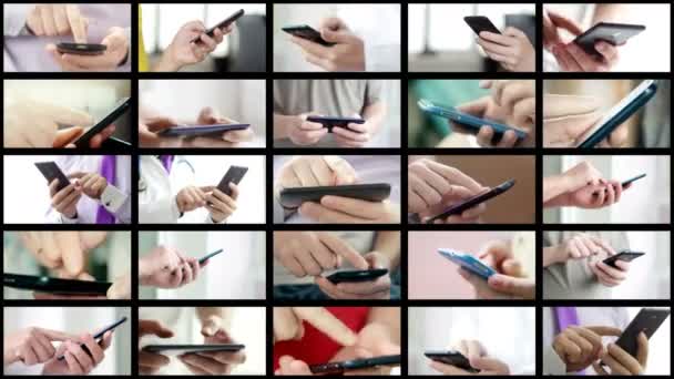 Collage de diferentes personas manos mensajes de texto SMS en los teléfonos inteligentes — Vídeos de Stock