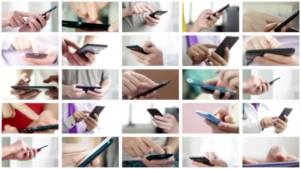 Collage of different people hands texting SMS on smartphones — Stock Video