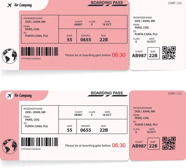 Two boarding passes. Red flight airline tickets — Stock Vector