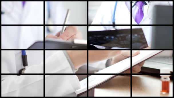 Collage von Ärzten, die einige Ergebnisse analysieren und erklären — Stockvideo