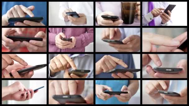 Κοντινό πλάνο των χεριών κρατώντας smartphone και πληκτρολογώντας κείμενο στην οθόνη αφής — Αρχείο Βίντεο