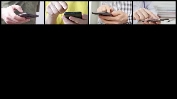 Akıllı telefonu tutan, dokunmatik ekranda metin yazan ellerin yakın plan görüntüsü. — Stok video
