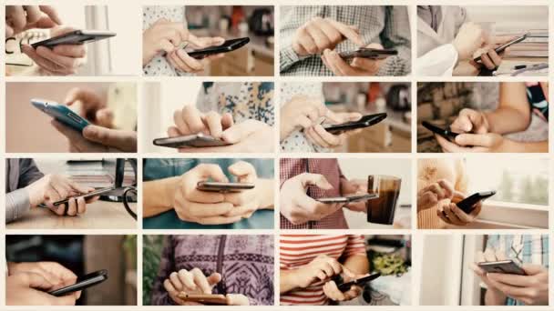 Primer plano de las manos sosteniendo el teléfono inteligente y escribiendo texto en la pantalla táctil — Vídeos de Stock