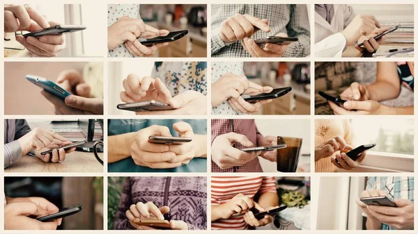 Close-up of hands holding smartphone and typing text on touch screen — Stock Photo, Image