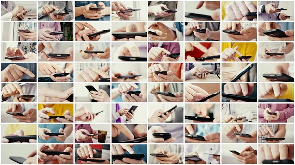 Close-up of hands holding smartphone and typing text on touch screen — Stock Photo, Image