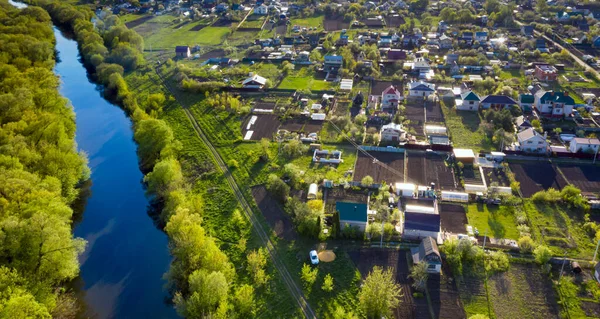 Drone view on garden allotments. Aerial drone photo of garden allotments