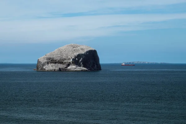 Farol em um penhasco, mar, gaivotas e navio vermelho — Fotografia de Stock