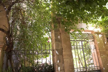 Aegina, Yunanistan, - 22 Ağustos 2018, Yunanistan Aegina Adası, Aegina şehrinde yeşilliği olan güzel bir antika kapı