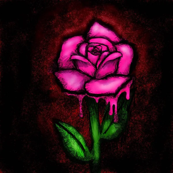 Une Peinture Numérique Une Rose Rose Saignant Sur Tige Ses — Photo