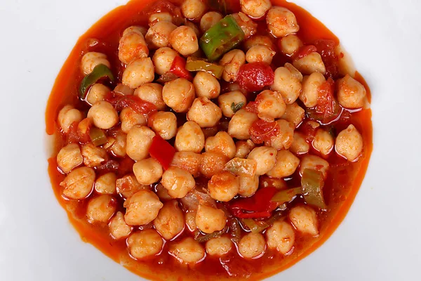 Excelente Comida Turca Garbanzos Plato Blanco Con Picante Desde Vista — Foto de Stock