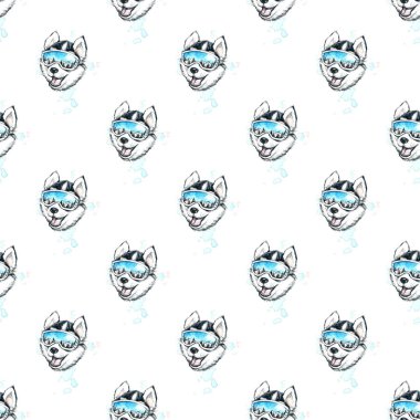 Kayakçı Husky ile seamless modeli suluboya çizimi.