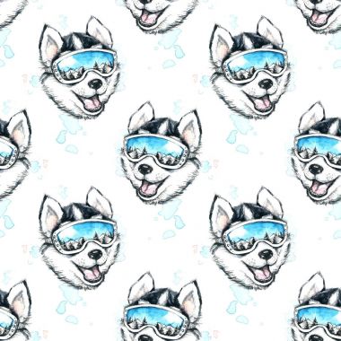 Kayakçı Husky ile seamless modeli suluboya çizimi.