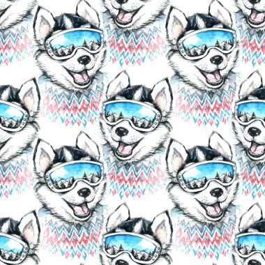 Kayakçı Husky ile seamless modeli suluboya çizimi.