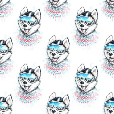 Kayakçı Husky ile seamless modeli suluboya çizimi.