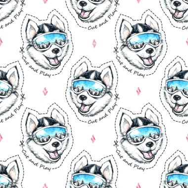 Kayakçı Husky ile seamless modeli suluboya çizimi.