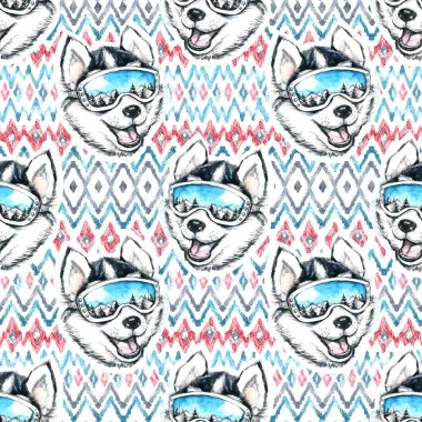 Kayakçı Husky ile seamless modeli suluboya çizimi.