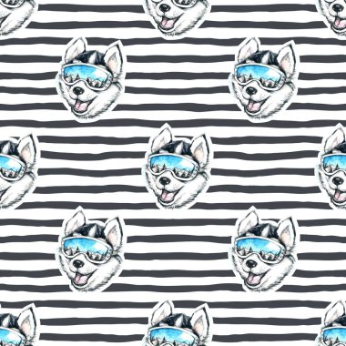 Kayakçı Husky ile seamless modeli suluboya çizimi.