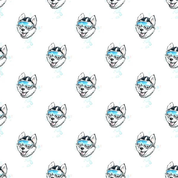 스키 허스키와 함께 완벽 한 패턴의 수채화 그림. — 스톡 사진