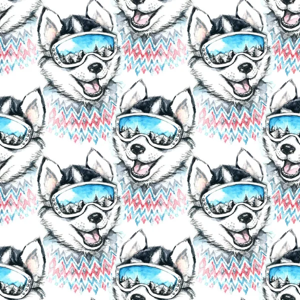 Kayakçı Husky ile seamless modeli suluboya çizimi.